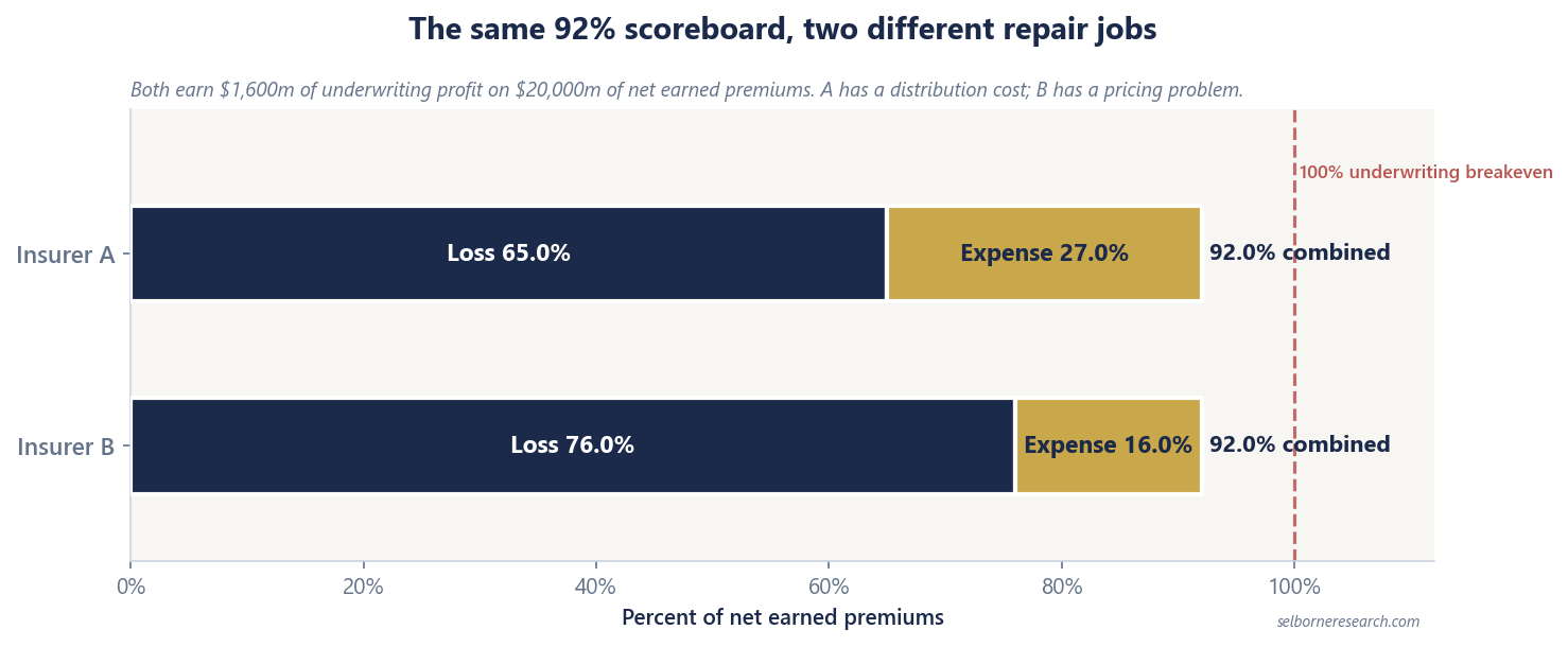 Stacked bar chart showing two illustrative insurers both at a 92.0% combined ratio: Insurer A splits 65.0% loss and 27.0% expense, Insurer B splits 76.0% loss and 16.0% expense, and both earn $1,600m of underwriting profit on $20,000m of net earned premiums