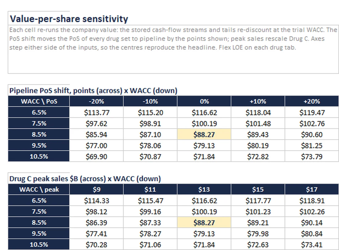 Sample view from the Pharmaceuticals Sector Primer Excel model